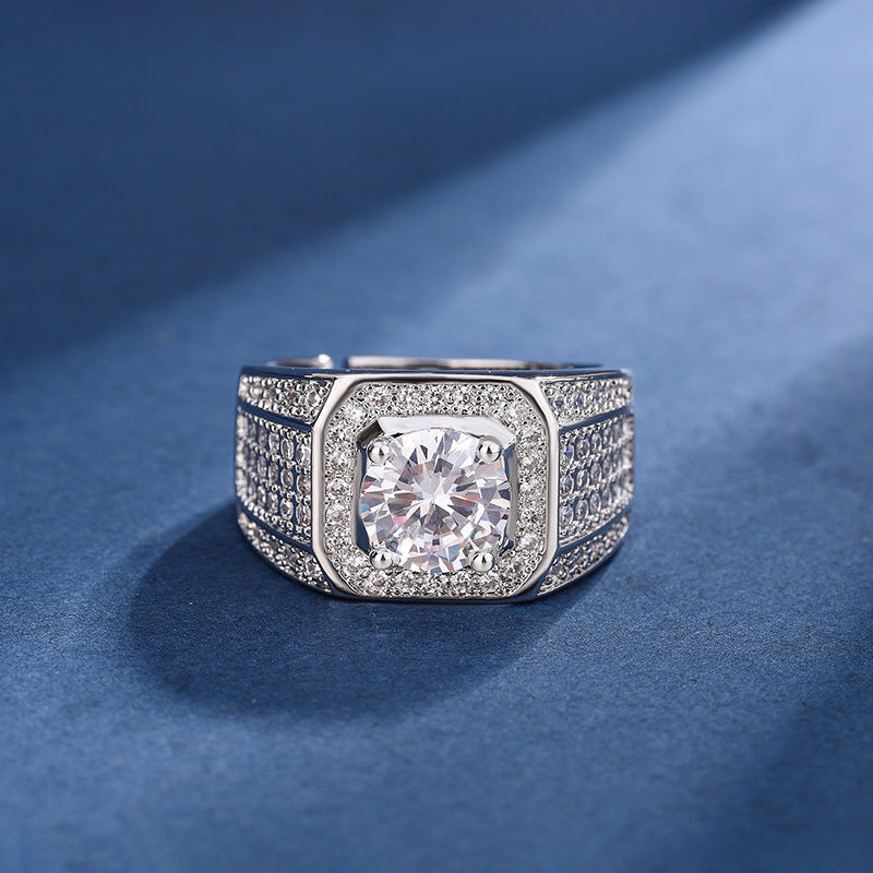 Rockyu メンズリング ゴールド＆シルバー調 大粒ジルコニア フリーサイズ 幅広デザイン