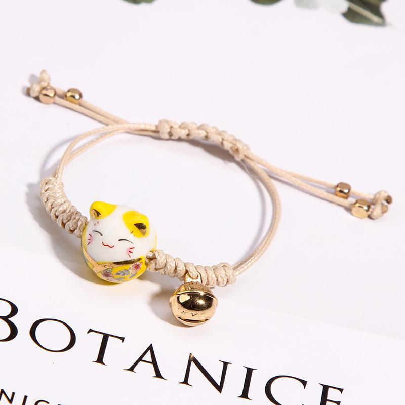 Rockyu ブレスレット レディース 招き猫 陶磁器 鈴付き 編み込み 紐タイプ 幸運お守り