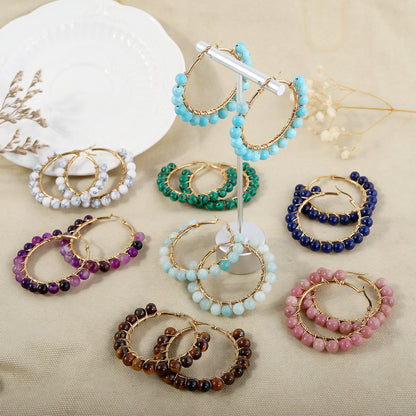 Rockyu フープピアス レディース 天然石 ターコイズ ホワイトムーンストーン ゴールド ワイヤーラップ 大ぶりピアス ギフト 誕生日 クリスマス