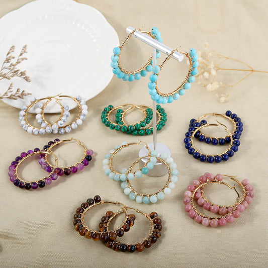 Rockyu フープピアス レディース 天然石 ターコイズ ホワイトムーンストーン ゴールド ワイヤーラップ 大ぶりピアス ギフト 誕生日 クリスマス