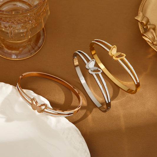 Rockyu ブレスレット レディース 蝶モチーフ ジルコニア入り 18Kピンクゴールド チタン製