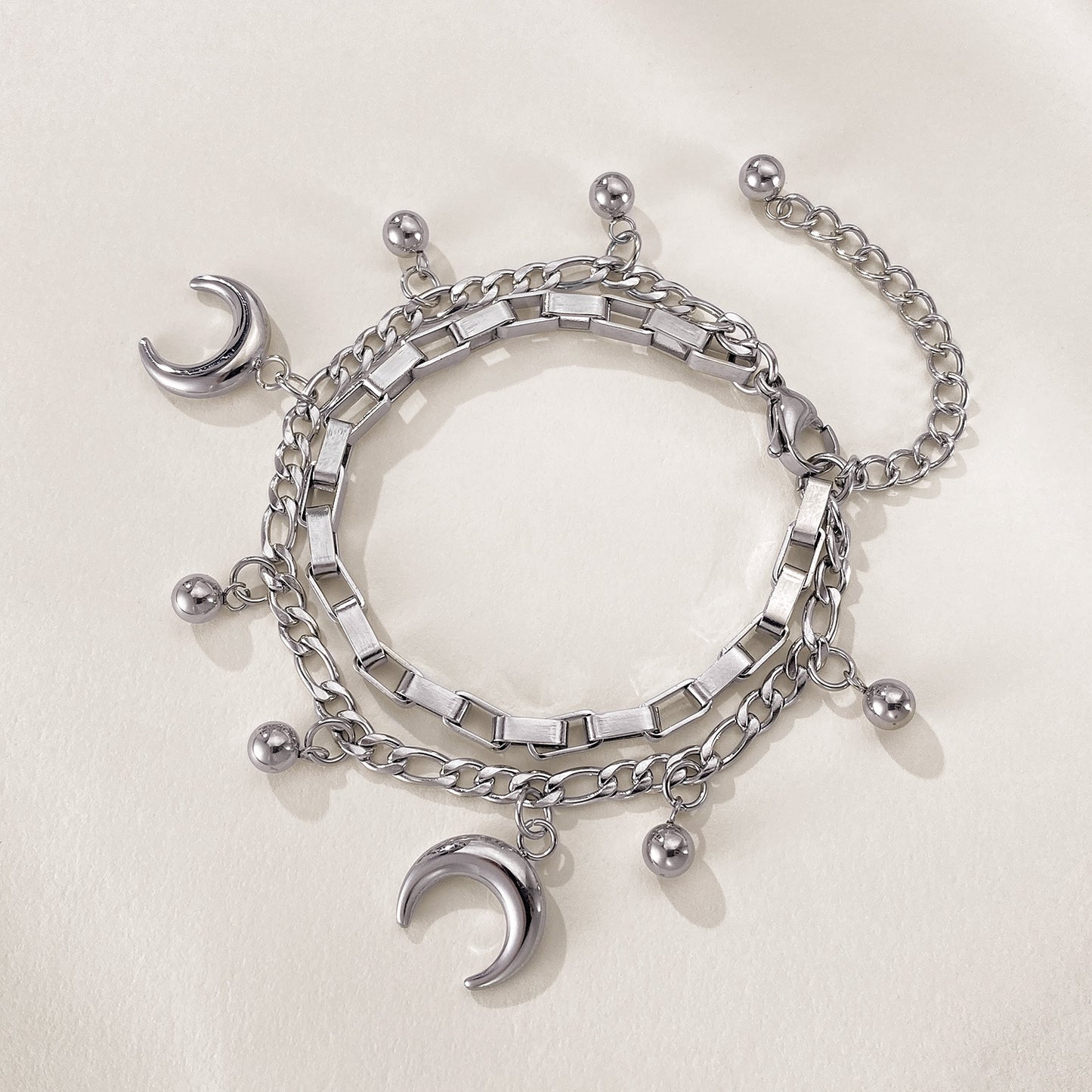 Rockyu ブレスレット レディース ステンレス シルバー 月モチーフ 鈴チャーム 多連チェーンブレスレット サイズ調整可能 ファッションアクセサリー