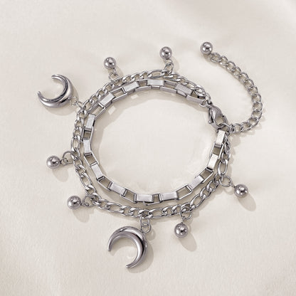 Rockyu ブレスレット レディース ステンレス シルバー 月モチーフ 鈴チャーム 多連チェーンブレスレット サイズ調整可能 ファッションアクセサリー