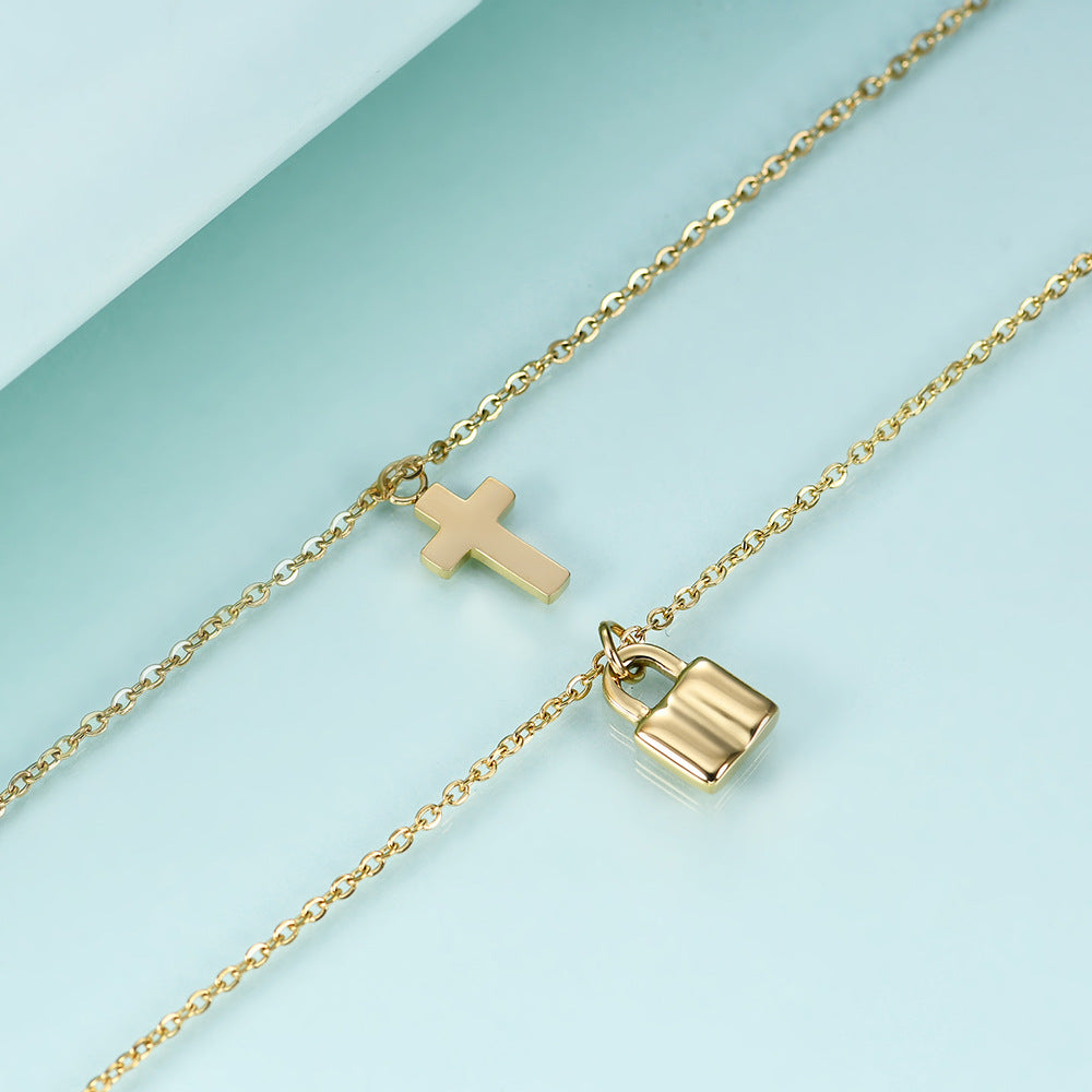 Rockyu レディース ネックレス 十字架 南京錠 ペンダント ピンクゴールド 18K チタン 2連チェーン