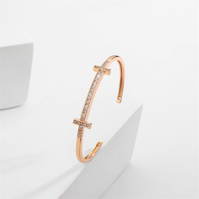 Rockyu レディース クロスラインバングル キュービック付き 18K仕上 ステンレス