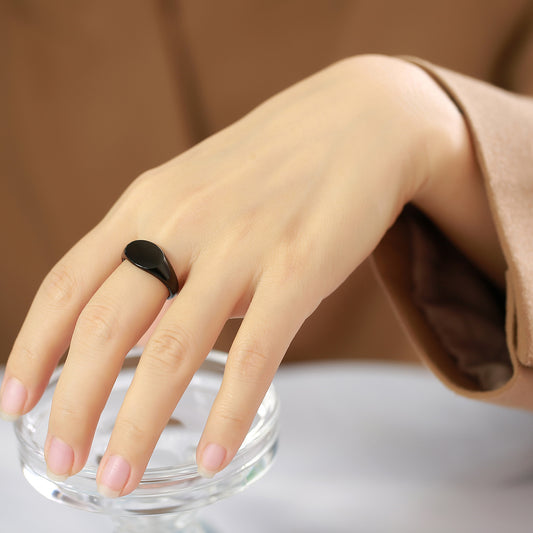 Rockyu 指輪 ステンレス製 楕円 印台リング 男女兼用 シンプル 鏡面仕上げ