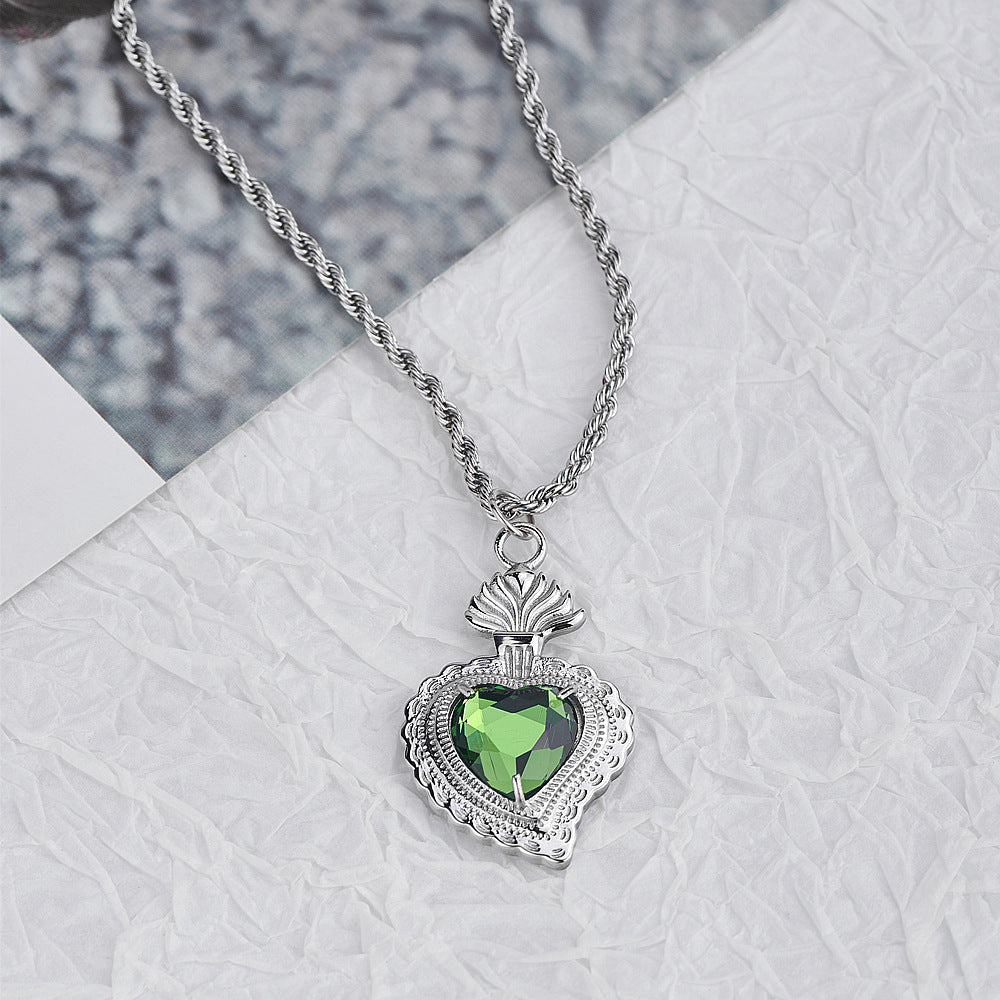 Rockyu ネックレス メンズ レディース シルバー ロープチェーン 50cm+5cm ハートネックレス グリーン/ブルー/レッド/イエロー/ホワイト チタン 金属アレルギー対応 ペンダント アクセサリー