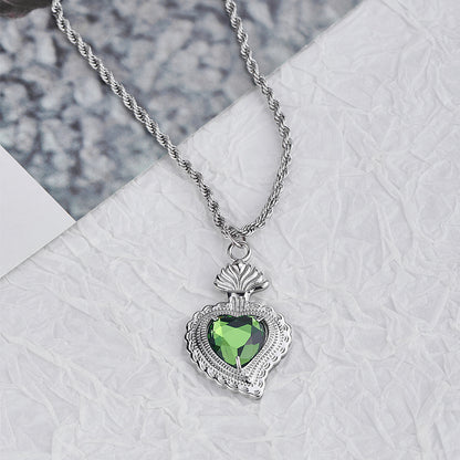 Rockyu ネックレス メンズ レディース シルバー ロープチェーン 50cm+5cm ハートネックレス グリーン/ブルー/レッド/イエロー/ホワイト チタン 金属アレルギー対応 ペンダント アクセサリー