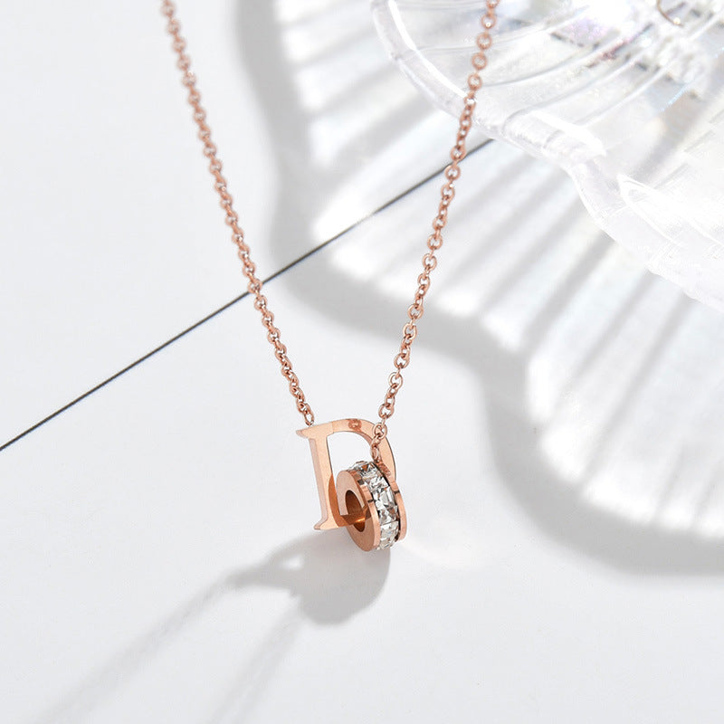 Rockyu ネックレス レディース Dイニシャル リング付き 2連ペンダント ピンクゴールド＆シルバー CZダイヤ 18金メッキ チタン製