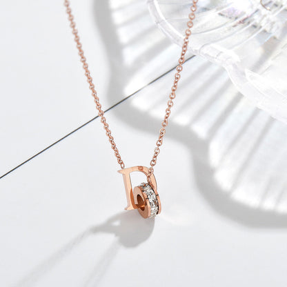 Rockyu ネックレス レディース Dイニシャル リング付き 2連ペンダント ピンクゴールド＆シルバー CZダイヤ 18金メッキ チタン製