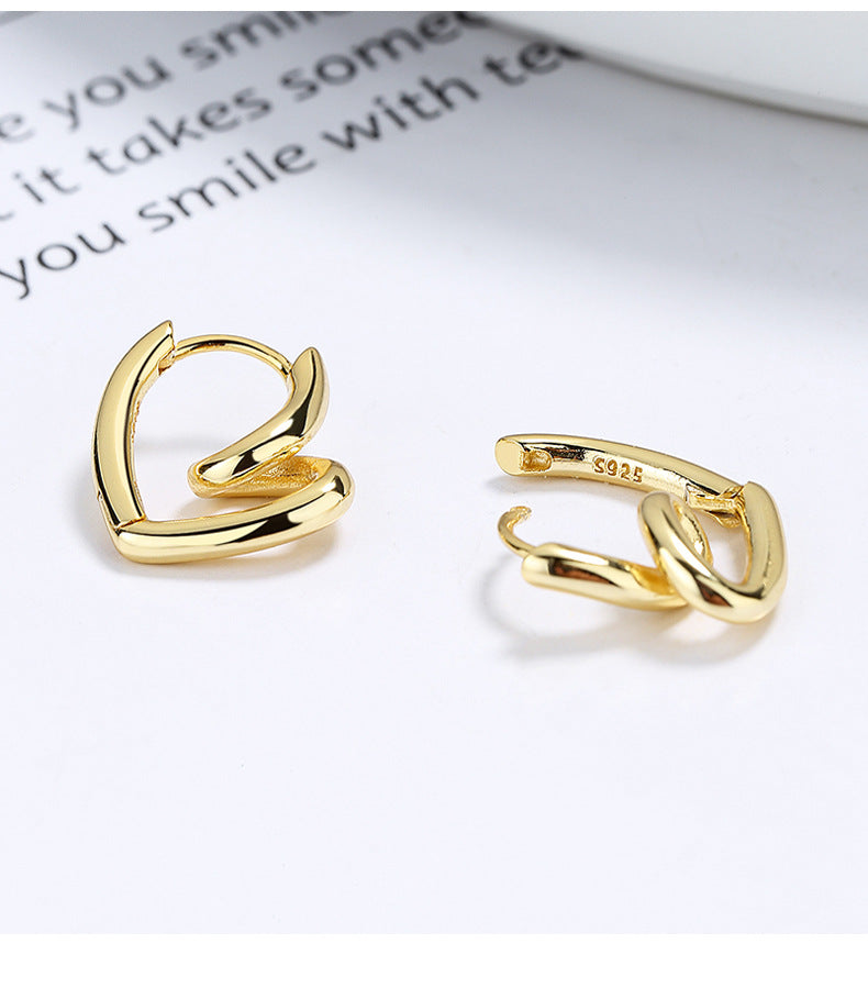 Rockyu S925シルバー＆ゴールド 不規則ツイストハート フープピアス レディース