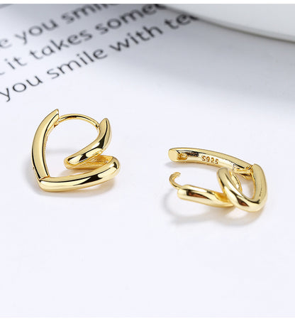 Rockyu S925シルバー＆ゴールド 不規則ツイストハート フープピアス レディース