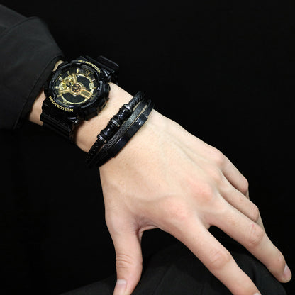 Rockyu メンズ三層レザーブレスレット ブラック ステンレス 編込みチェーン バングル