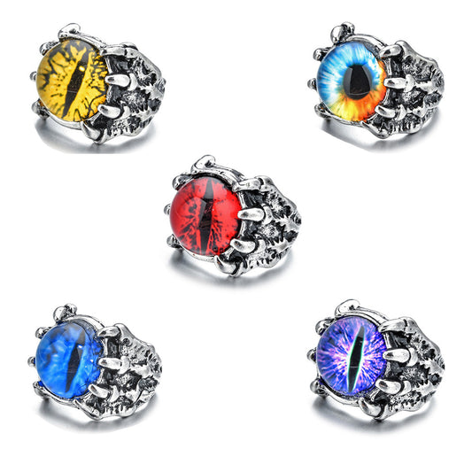 Rockyu ドラゴンアイリング 悪魔の目モチーフ メンズ調整可能リング