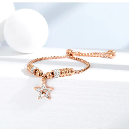 Rockyu ブレスレット レディース 星チャーム付き ジルコニア ピンクゴールド 調節可能 アクセサリー