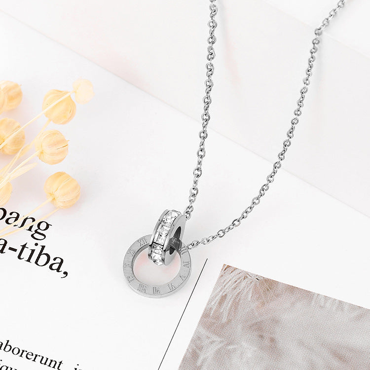 Rockyu 2連リングネックレス レディース チタン製 ピンクゴールド CZストーン 金属アレルギー対応