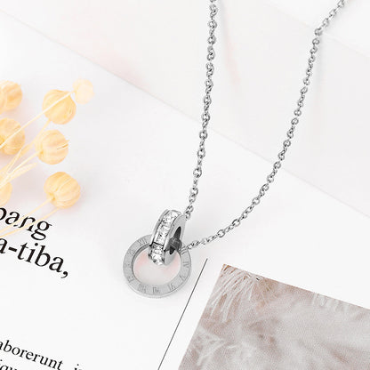 Rockyu 2連リングネックレス レディース チタン製 ピンクゴールド CZストーン 金属アレルギー対応