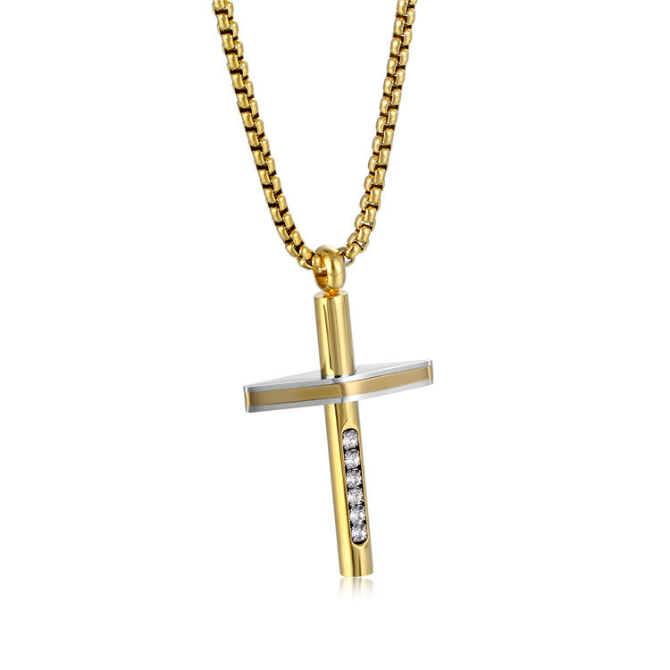 Rockyu クロスネックレス メンズ ステンレス製 アレルギー対応 ブラック＆ゴールド おしゃれ十字架ペンダント