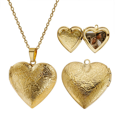 Rockyu レディースネックレス ハートロケットペンダント 写真入れ 彫刻風デザイン シルバー ゴールド 鎖骨チェーン 記念日 ギフト