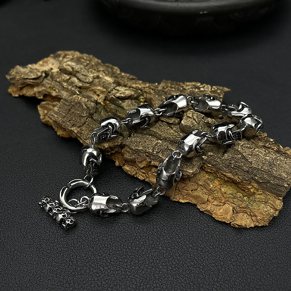 Rockyu スカルチェーンブレスレット メンズ｜ゴシック＆ロックデザイン｜幅広 シルバー｜サージカルステンレス製 金属アレルギー対応