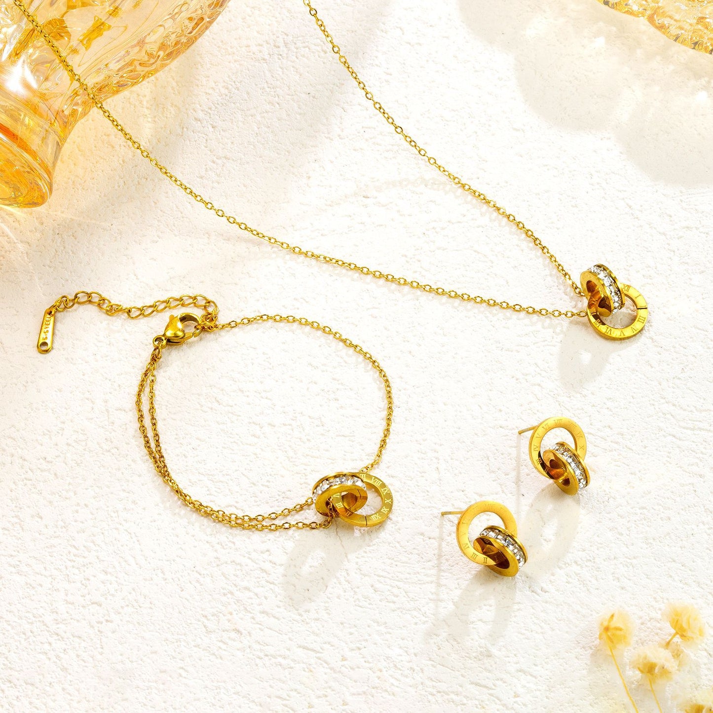 Rockyu ブレスレット レディース ピンクゴールド チタン 2連リング ローマ数字 ジルコニア