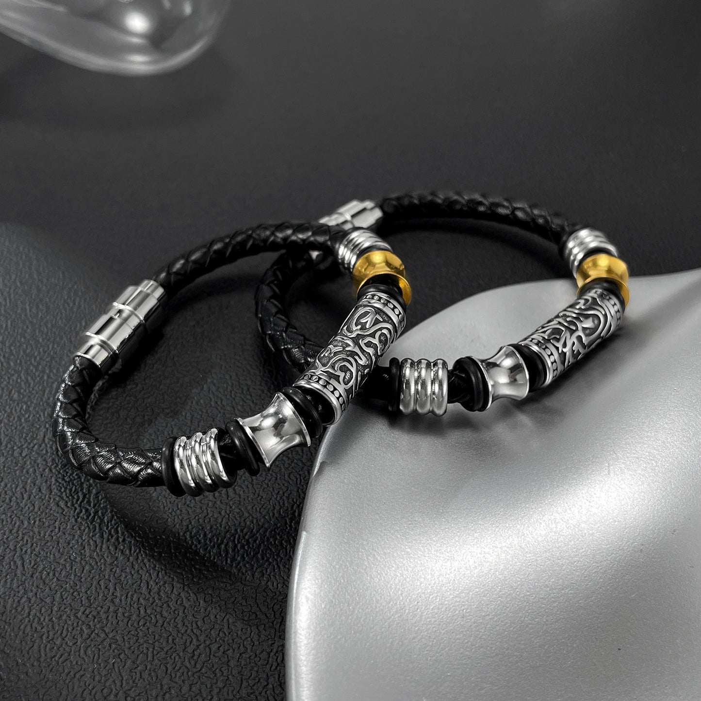 Rockyu ブレスレット メンズ 本革レザー×ステンレス コンビ バングル風デザイン