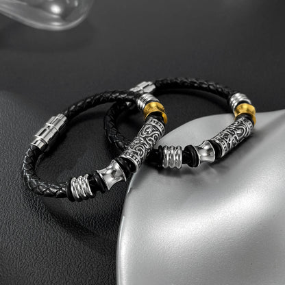 Rockyu ブレスレット メンズ 本革レザー×ステンレス コンビ バングル風デザイン