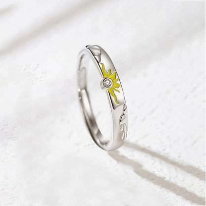 Rockyu 太陽と月のペアリング シルバー925 日月デザイン 指輪 調整可能