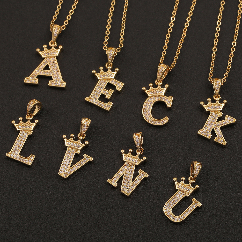 Rockyu イニシャルネックレス A〜Z メンズ レディース ジルコニア クラウンデザイン 真鍮製 ゴールドチェーン付き