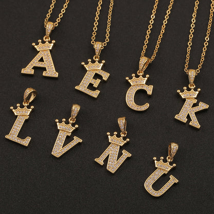 Rockyu イニシャルネックレス A〜Z メンズ レディース ジルコニア クラウンデザイン 真鍮製 ゴールドチェーン付き