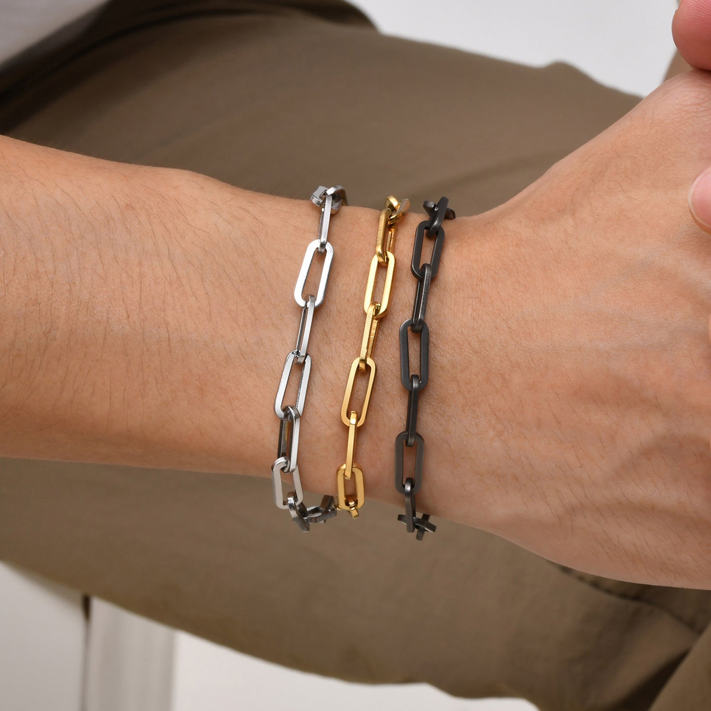 Rockyu ブレスレット メンズ ステンレス 長あずきチェーン 幅5mm 金属アレルギー対応 4色展開