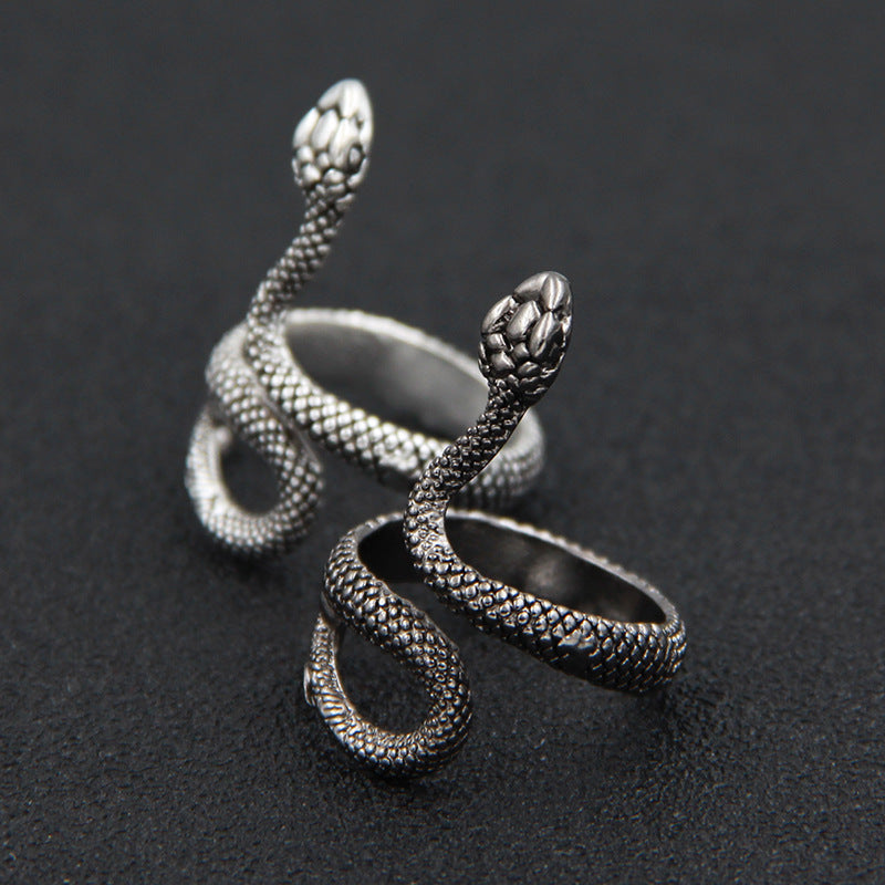 Rockyu 指輪 スネークデザイン フリーサイズ シルバー＆ブラック ステンレス製 男女兼用 お守りリング