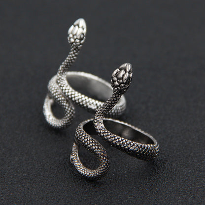 Rockyu 指輪 スネークデザイン フリーサイズ シルバー＆ブラック ステンレス製 男女兼用 お守りリング