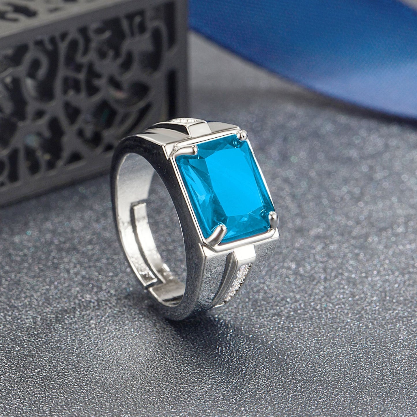 Rockyu メンズ 印台リング シルバー＆ブラック 瑪瑙×ジルコニア フリーサイズ ステンレス製 金属アレルギー対応