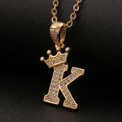 Rockyu イニシャルネックレス A〜Z メンズ レディース ジルコニア クラウンデザイン 真鍮製 ゴールドチェーン付き