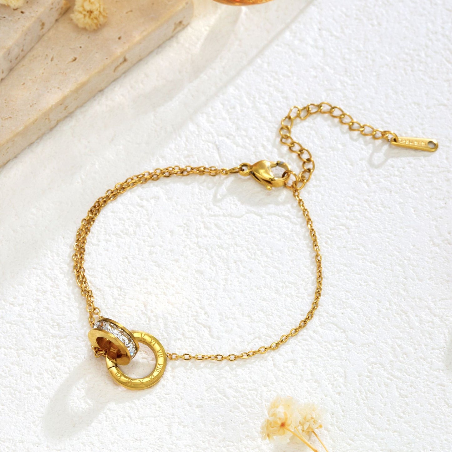 Rockyu ブレスレット レディース ピンクゴールド チタン 2連リング ローマ数字 ジルコニア