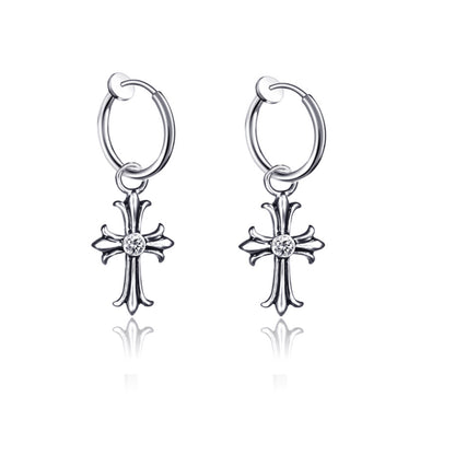 Rockyu ピアス メンズ レディース シルバー ジルコニア フープ クロスチタン 十字架 金属アレルギー対応 ヨーロッパ風