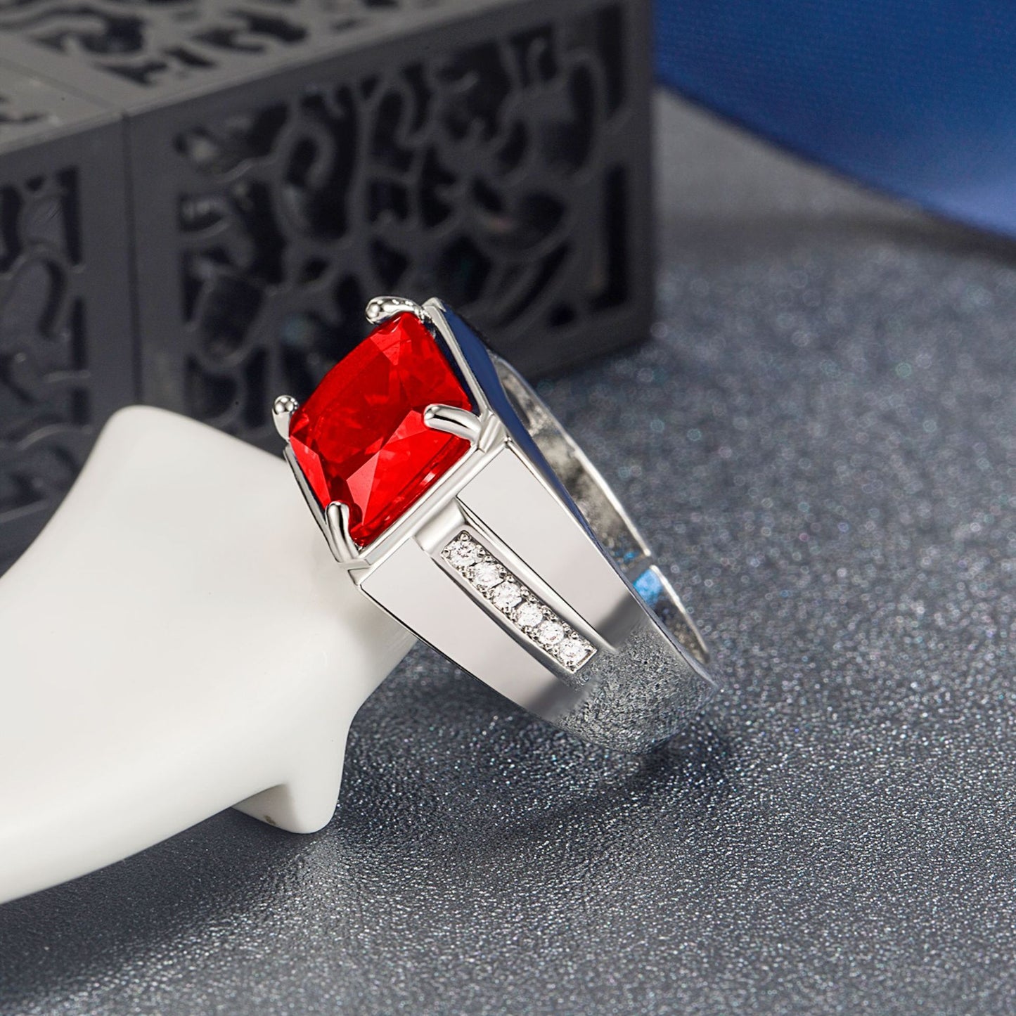 Rockyu メンズ 印台リング シルバー＆ブラック 瑪瑙×ジルコニア フリーサイズ ステンレス製 金属アレルギー対応