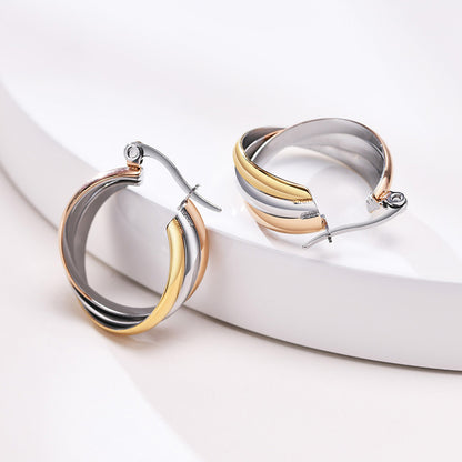 Rockyu レディースピアス 大ぶり三連クロス フープ ゴールド／シルバー チタン製 金属アレルギー対応