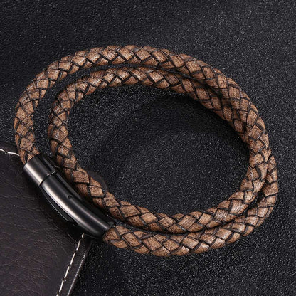 Rockyu ブレスレット メンズ レディース 本革 レザー 二連 編み込み ステンレス 磁気ボタン留め おしゃれ アクセサリー