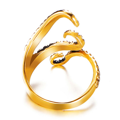 Rockyu タコ・蛇モチーフ ステンレスリング メンズ フリーサイズ ゴールド＆シルバー