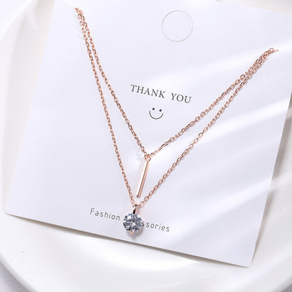 Rockyu レディースネックレス ピンクゴールド 18K 一粒ダイヤモンド スティックペンダント 2連チェーン 純銀仕上げ ジュエリー