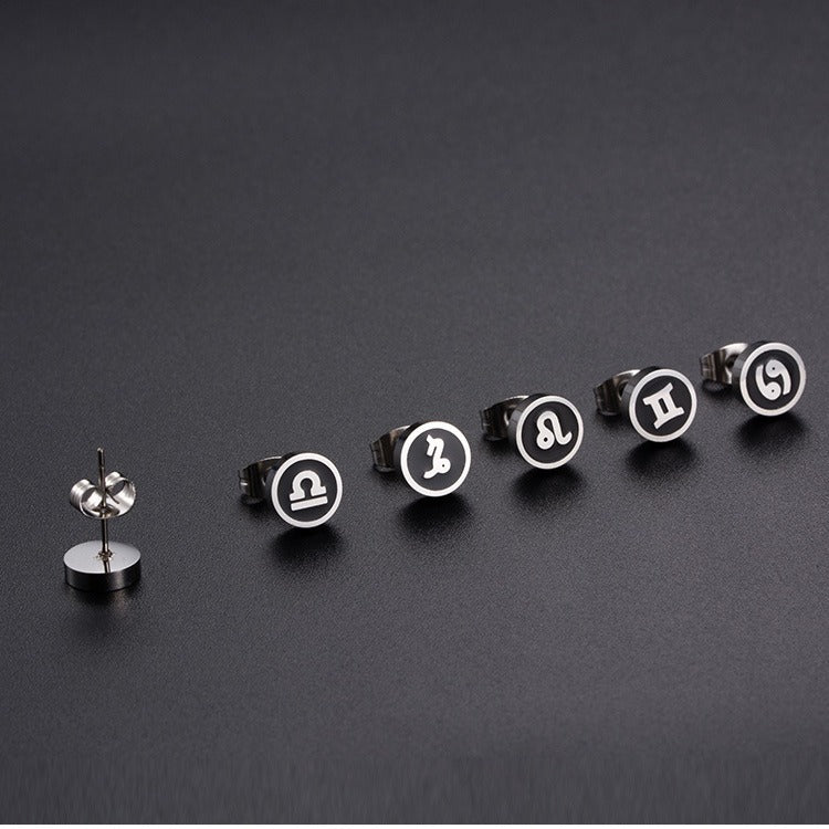 Rockyu 星座ピアス 8mm ブラックステンレス アンティーク風ユニセックスアクセ