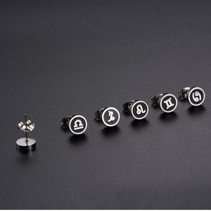 Rockyu 星座ピアス 8mm ブラックステンレス アンティーク風ユニセックスアクセ