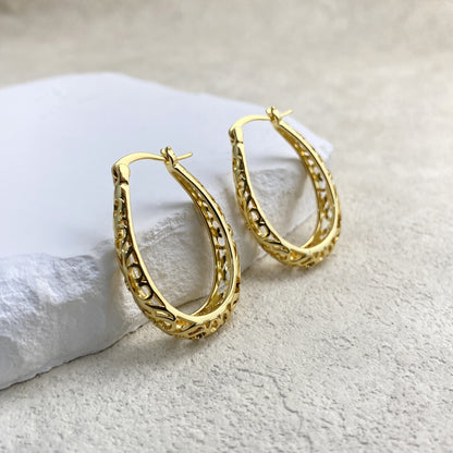 Rockyu ハワイアン透かし彫り フープピアス｜U型デザイン レディース 三色展開