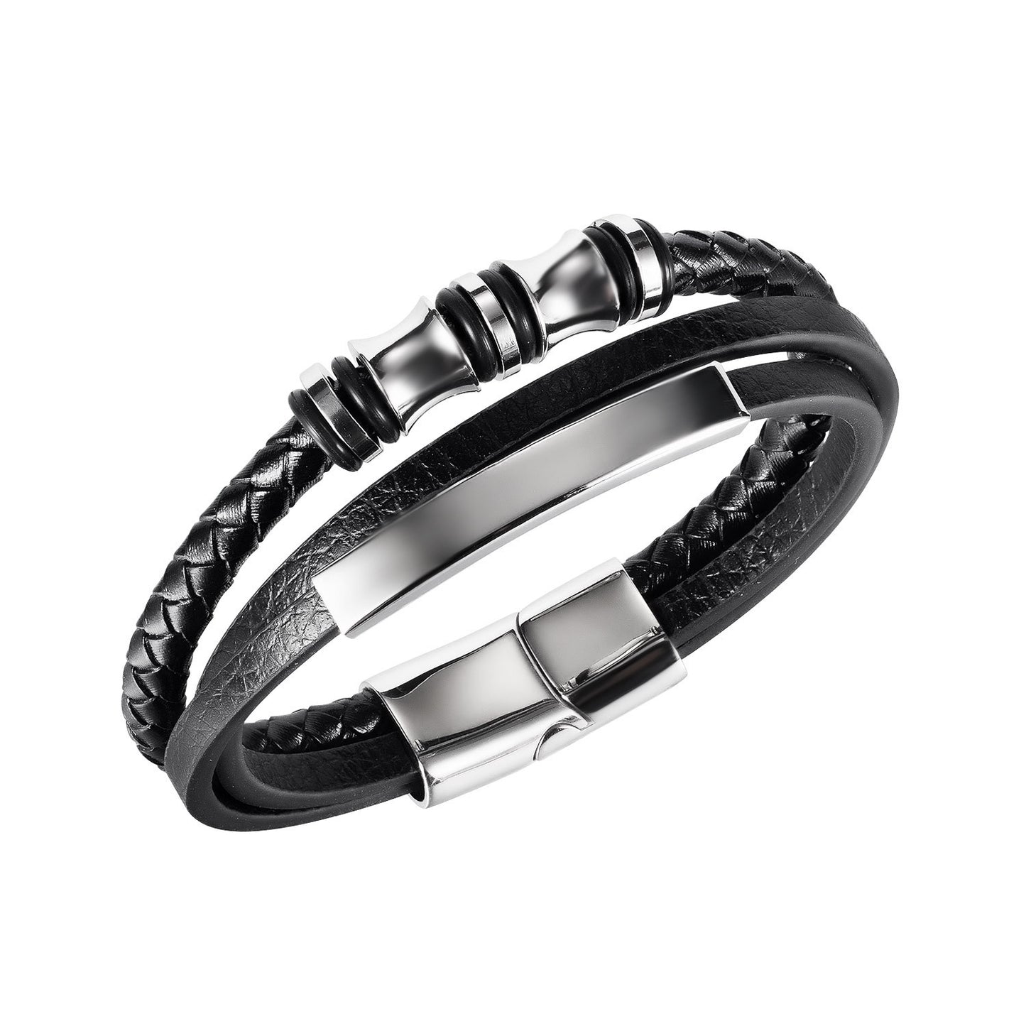 Rockyu メンズ三層レザーブレスレット ブラック ステンレス 編込みチェーン バングル