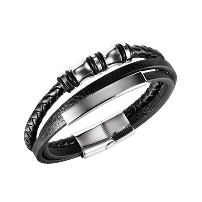 Rockyu メンズ三層レザーブレスレット ブラック ステンレス 編込みチェーン バングル