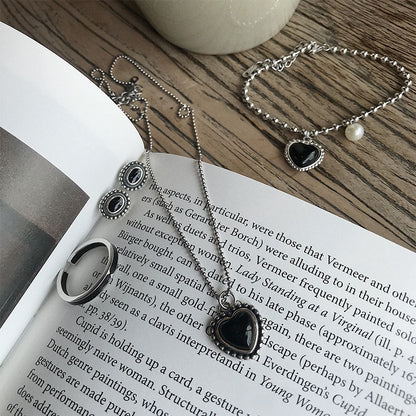 Rockyu ブラックハートネックレス＆ブレスレット レディース シルバー パール付きセット INS風