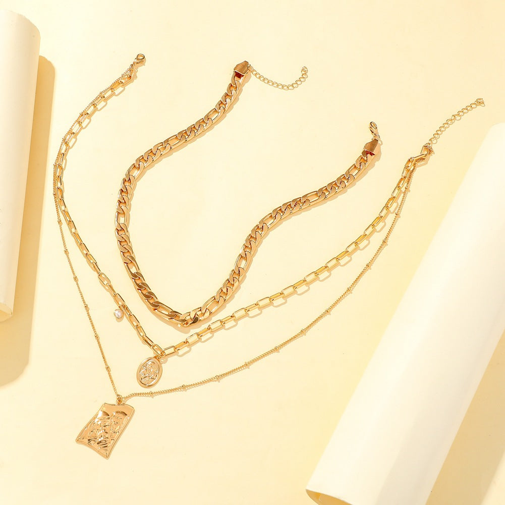 Rockyu ネックレス レディース ゴールド 3連チェーン ステンレス コインペンダント おしゃれ