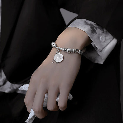 Rockyu レディースブレスレット シルバー チタン 円珠 コイン刻印 トーテム 御守風